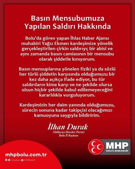 Mhp Bolu İl Başkanı Durak’tan Gazeteciye Saldırıya Sert Tepki